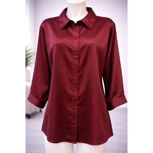 Nina Leonard Burgundy Satin Blouse Medium Button Front Dress Top Elegant Shirt